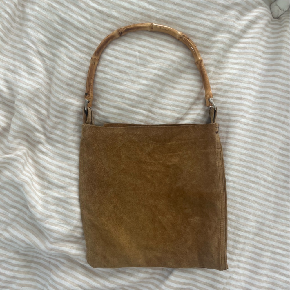 Elegant Tan Suede Women's Bag with Bamboo Handle